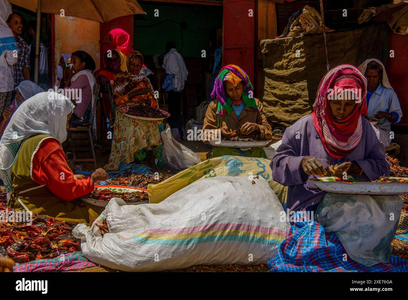 Donne che preparano il chilis al Medebar Market, Asmara, Eritrea, Africa Foto Stock