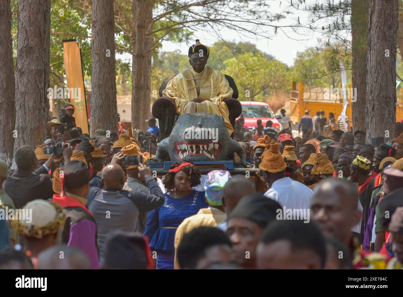 Capo della Paramount Chitimukulu che arriva per iniziare la cerimonia Ukusefya Pa ng'wena cavalcando sulla sua sedia a coccodrillo, Kasama, Zambia, Africa Foto Stock