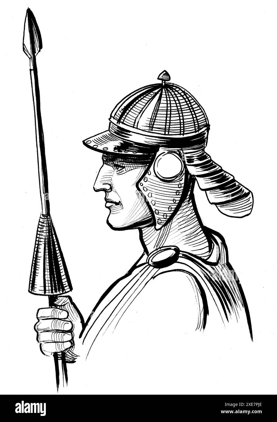 Soldato romano. Illustrazione in bianco e nero con inchiostro retrò disegnato a mano Foto Stock