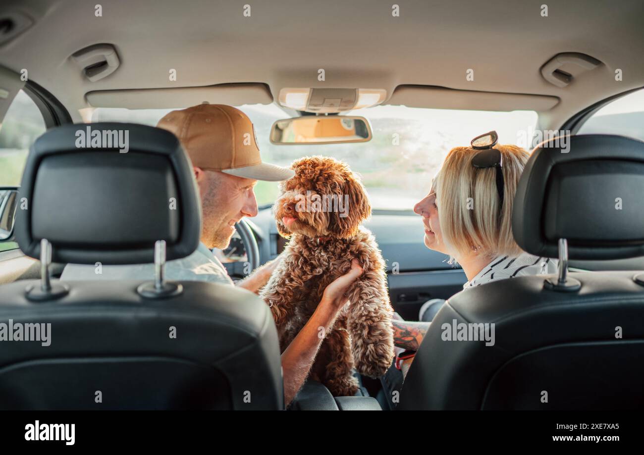 La coppia ama viaggiare in auto con l'adorabile Maltipoo marrone, seduto sui sedili. La donna sorride al cane, catturando momenti di gioia e compagnia durante la giornata Foto Stock
