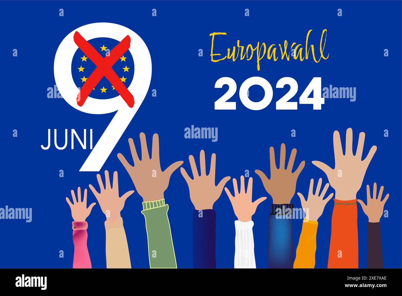 Testo tedesco 2024 Europawahl 9.Juni - elezioni europee. Persone che alzano la mano. segno di spunta incrociato e. Foto Stock
