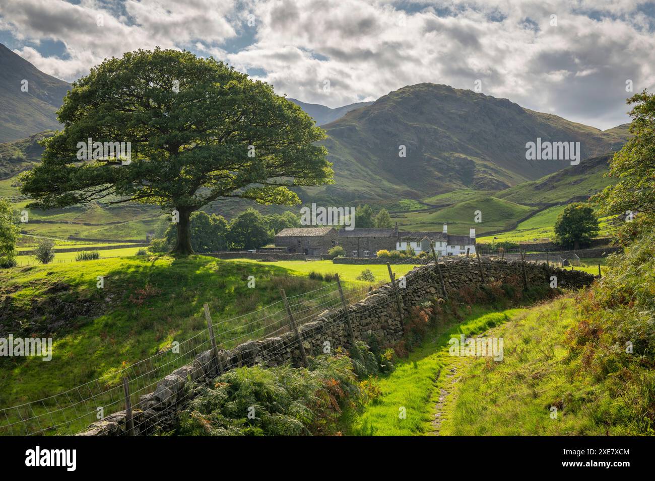 Campagna idilliaca e fattoria, Little Langdale, Lake District National Park, Cumbria, Inghilterra. Autunno (settembre) 2018. Foto Stock