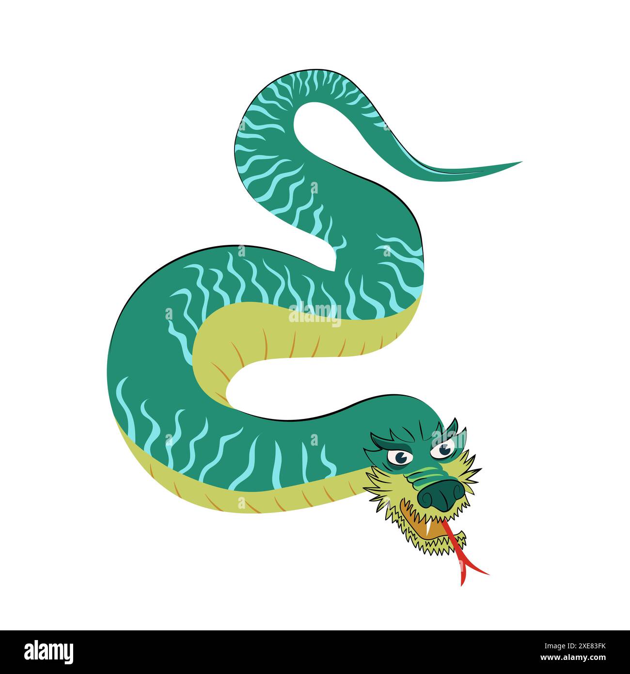 Simbolo zodiaco verde tradizionale cinese del serpente. Serpente asiatico sacro simbolo di bontà e saggezza. Illustrazione eps di un antico animale giapponese isolata su sfondo bianco Illustrazione Vettoriale