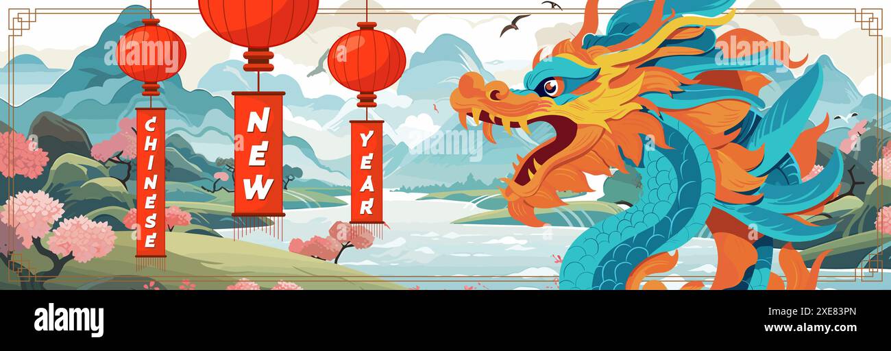 Felice Capodanno cinese 2025 banner artistico orizzontale. Simbolo zodiaco mitico serpente cinese. Biglietto d'auguri per il festival della cultura asiatica. Festa tradizionale annuale orientale. Lanterna asiatica e tipografia della natura Illustrazione Vettoriale