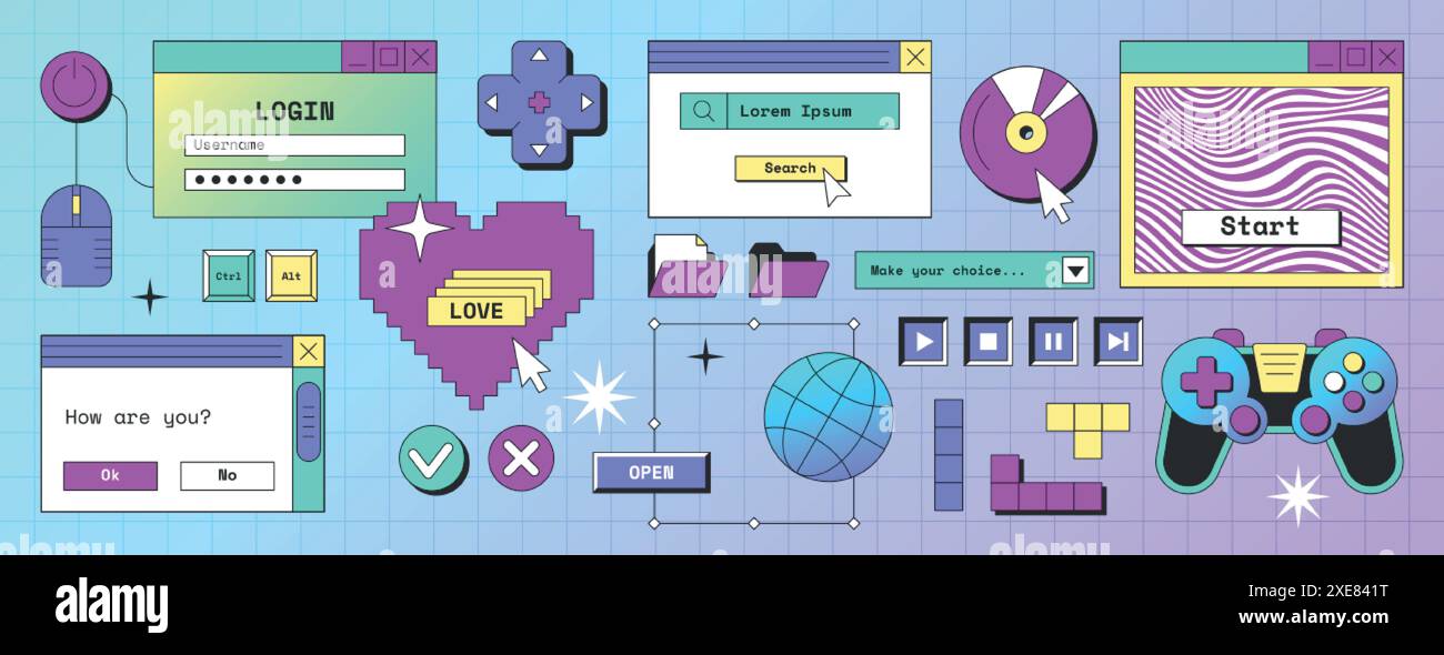 Elementi dello schermo del vecchio pc desktop in stile y2k. Interfaccia computer retro con casella di accesso, pulsanti, frame di messaggi, finestre, cartella con file, controller di gioco, barra di ricerca, icona pixel heart. Adesivi geek. Illustrazione Vettoriale