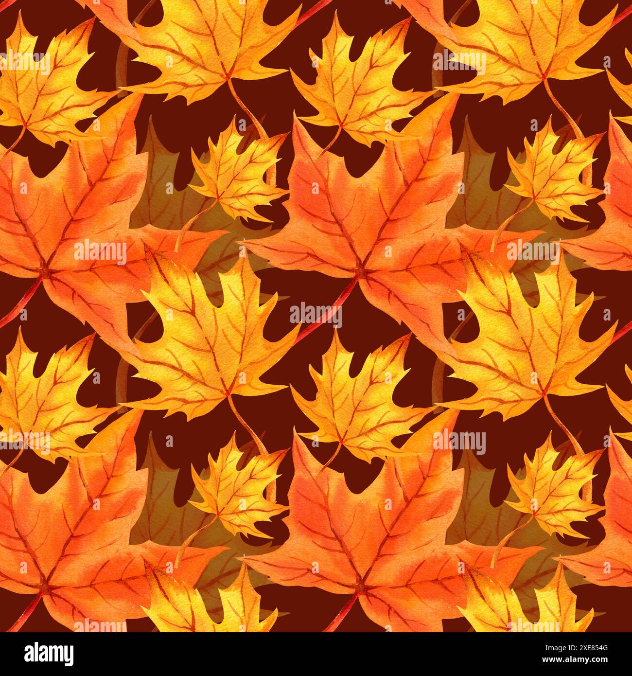 acquerello senza cuciture con foglie autunnali, foglie d'acero arancio, illustrazione disegnata a mano di foglie autunnali gialle e arancioni, sfondo marrone Foto Stock