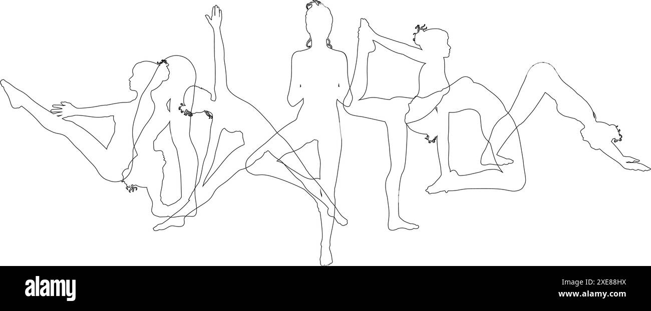 Yoga Pilates pone il concetto di silhouette femminile Illustrazione Vettoriale