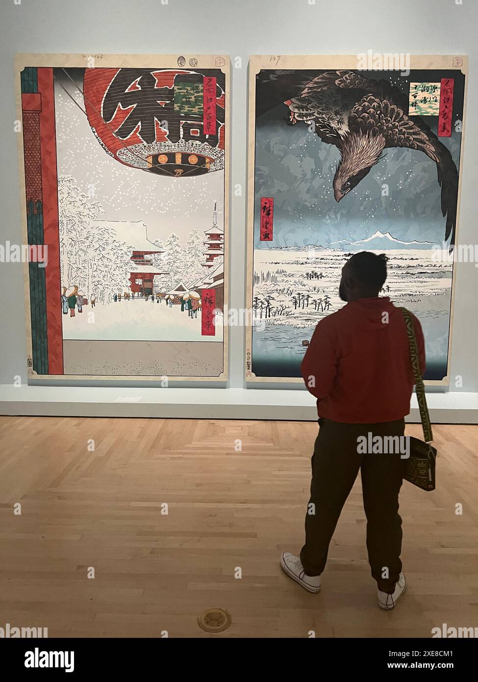 Per la prima volta in ventiquattro anni, le famose vedute di Edo di Utagawa Hiroshige del 100, uno dei più grandi tesori del Brooklyn Museum, tornano in mostra al pubblico. Il set completo del museo di queste celebri stampe è tra le più belle al mondo, pieno di colori vivaci conservati decenni al buio. L'artista Takashi Murakami (nato a Tokyo, Giappone, 1962) porta le vedute di Hiroshige in un regno più fantastico con una serie di suoi dipinti. Create in risposta diretta a 100 vedute famose di Edo, queste opere ci invitano a riconsiderare il mondo di Hiroshige e i suoi contributi alla storia dell'arte globale. Foto Stock