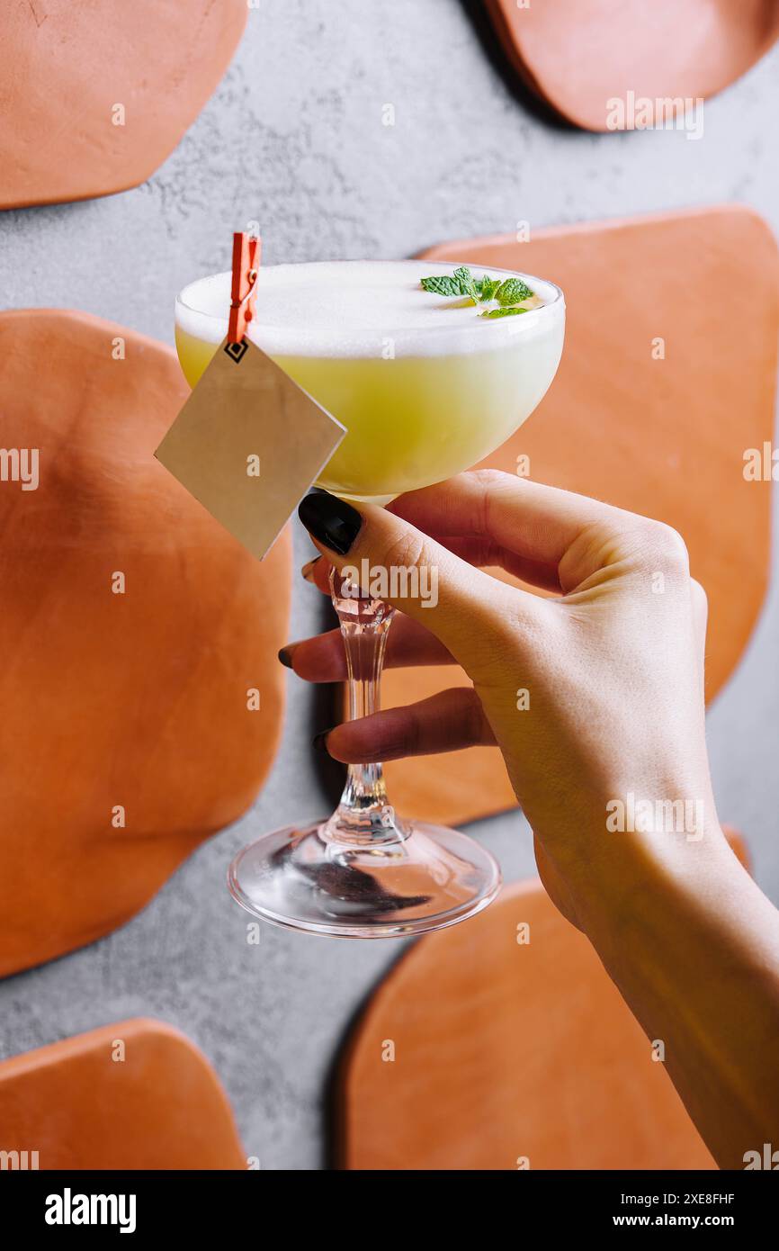 Cocktail rinfrescante Pisco Sour in mano Foto Stock