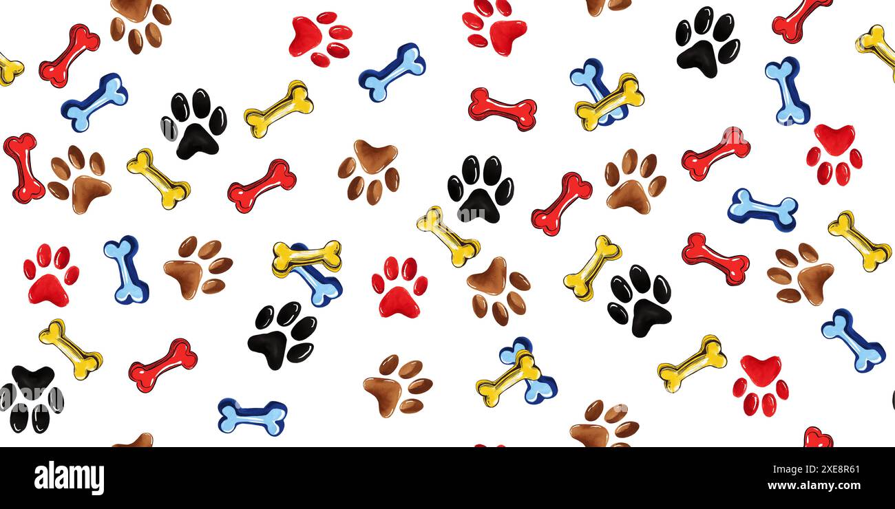 Schema senza interruzioni di tracce e ossa di cani su sfondo bianco. Foto Stock