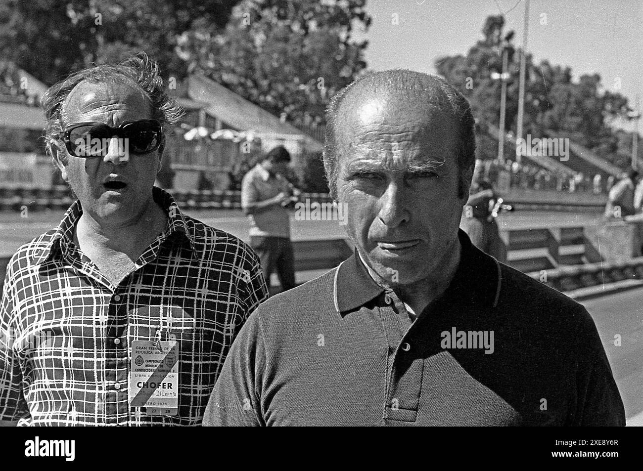 Il pilota argentino Juan Manuel Fangio al Gran Premio Argentina Fórmula uno, Buenos Aires, Argentina, gennaio 1973. Foto Stock