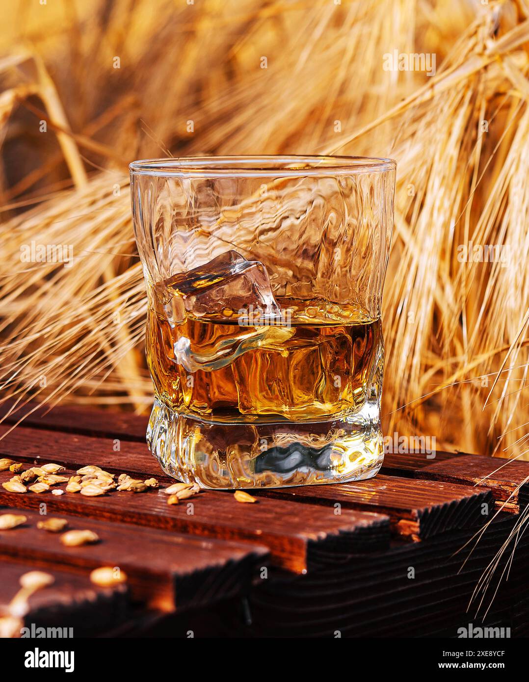 Bicchiere di whisky in un campo con le orecchie Foto Stock