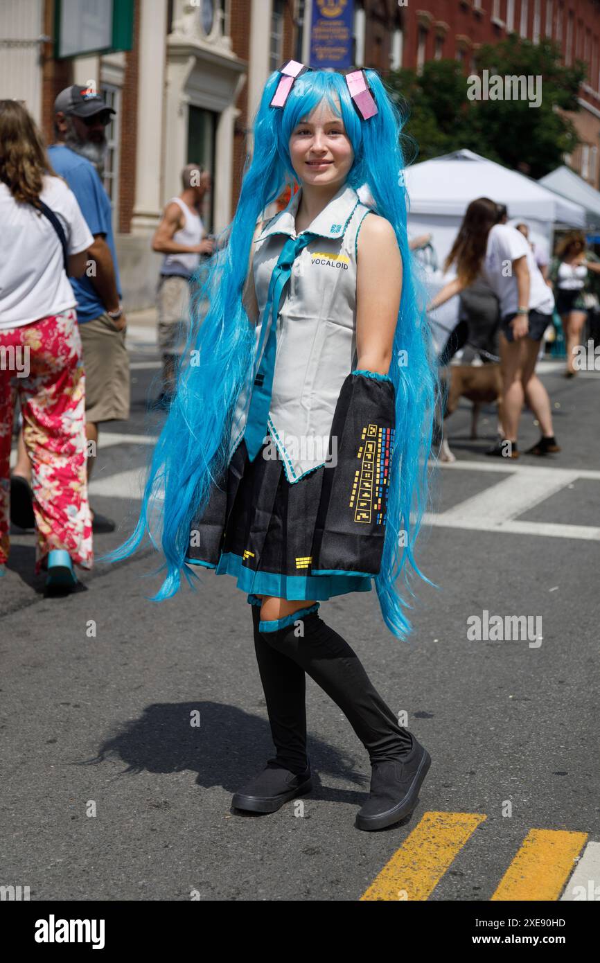 Johnstown, New York, 22 giugno 2024: I cosplayers scesero in strada all'annuale festa del blocco Toying Around. Foto Stock