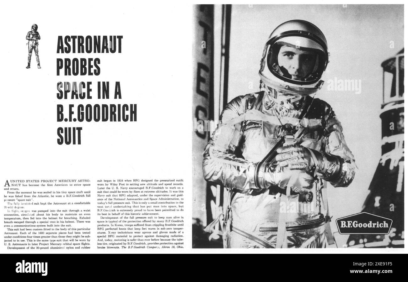 1961 B. F. Goodrich ad: Astronaut Probes Space in Goodrich Suit - Alan Shepard Project Mercury Foto Stock