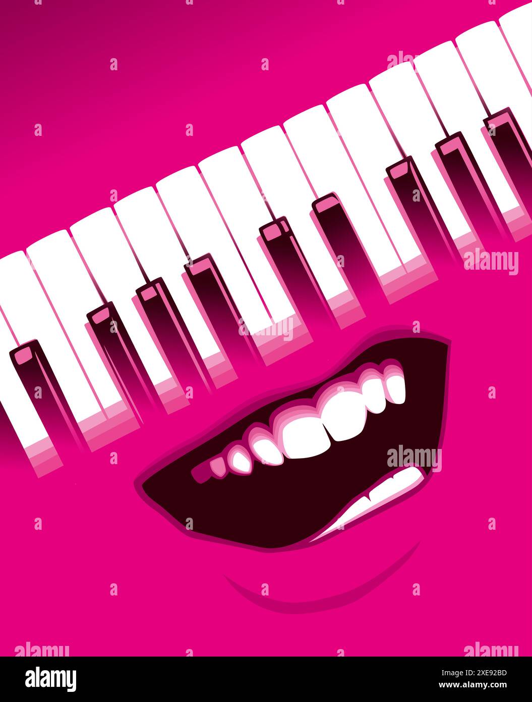 illustrazione grafica astratta o poster con tasti del pianoforte e bocca cantante Illustrazione Vettoriale