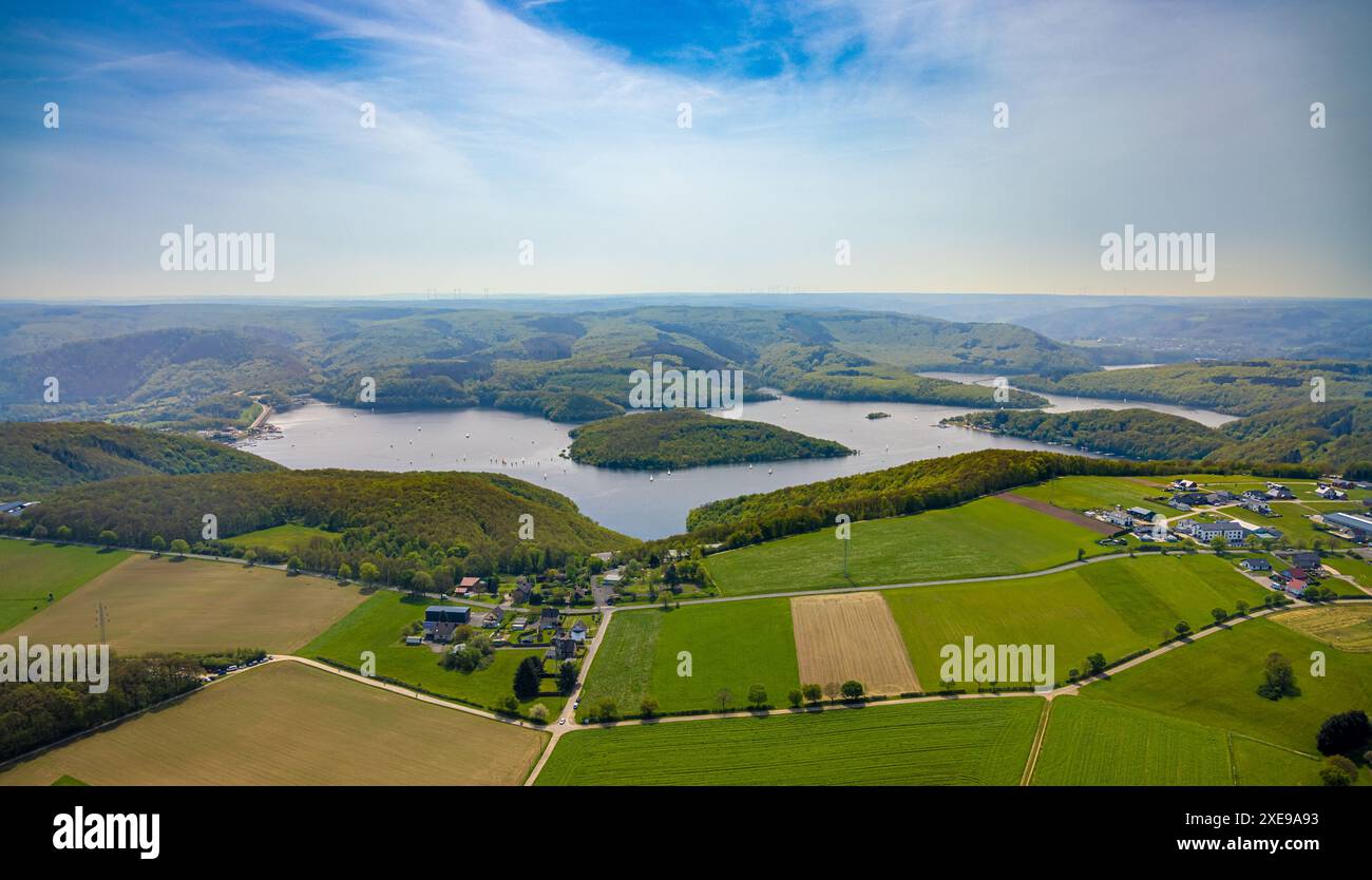 Vista aerea, Rursee con l'isola di Eichert, la diga di Rur Schwammenauel e la navigazione Rursee con barche a vela, di fronte alla tenuta residenziale Scheidbaum, fores Foto Stock
