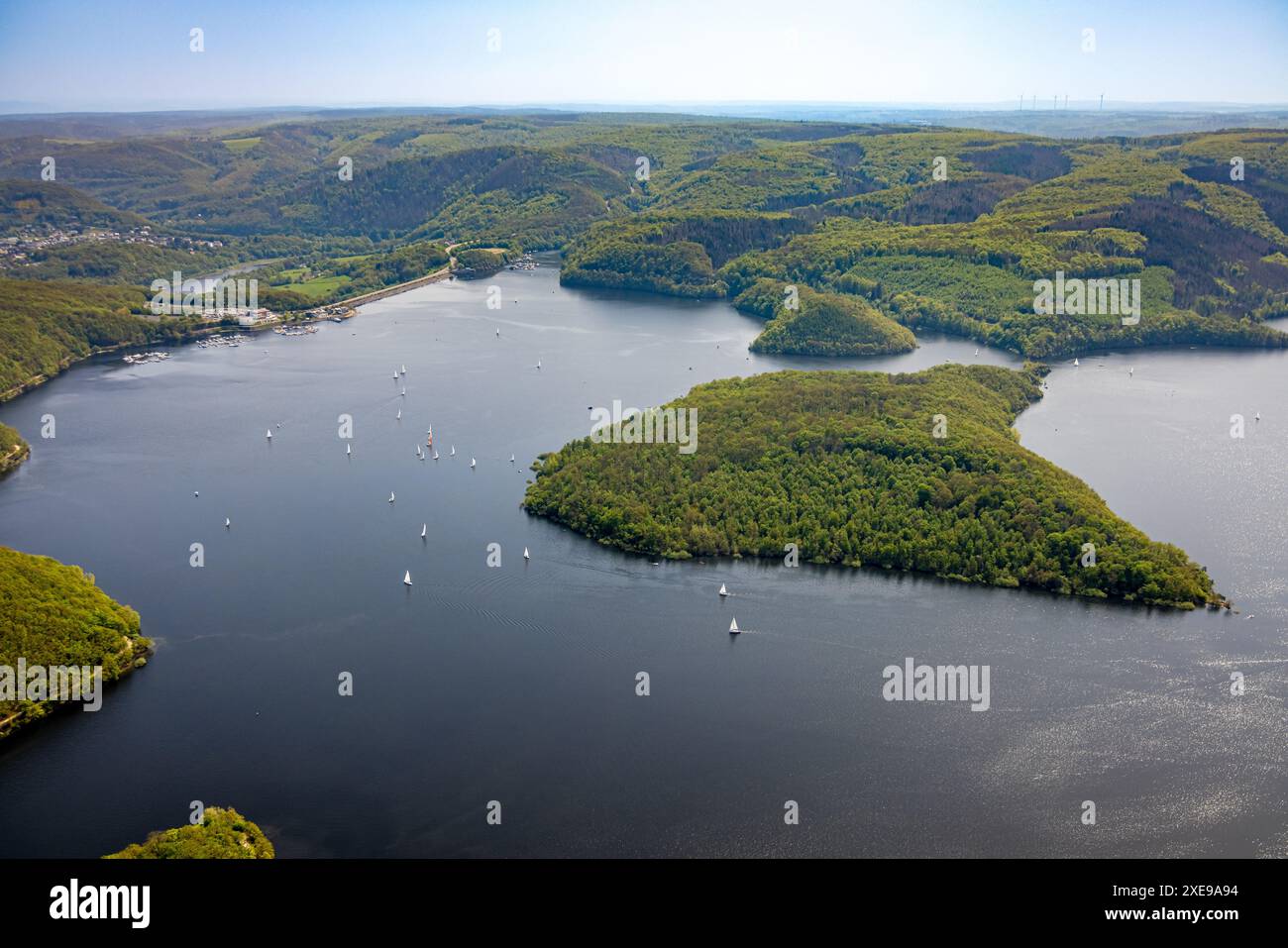 Vista aerea, Rursee con l'isola di Eichert, la diga di Rur Schwammenauel e la navigazione Rursee con barche a vela, colline e valli della foresta, Eifel National Foto Stock
