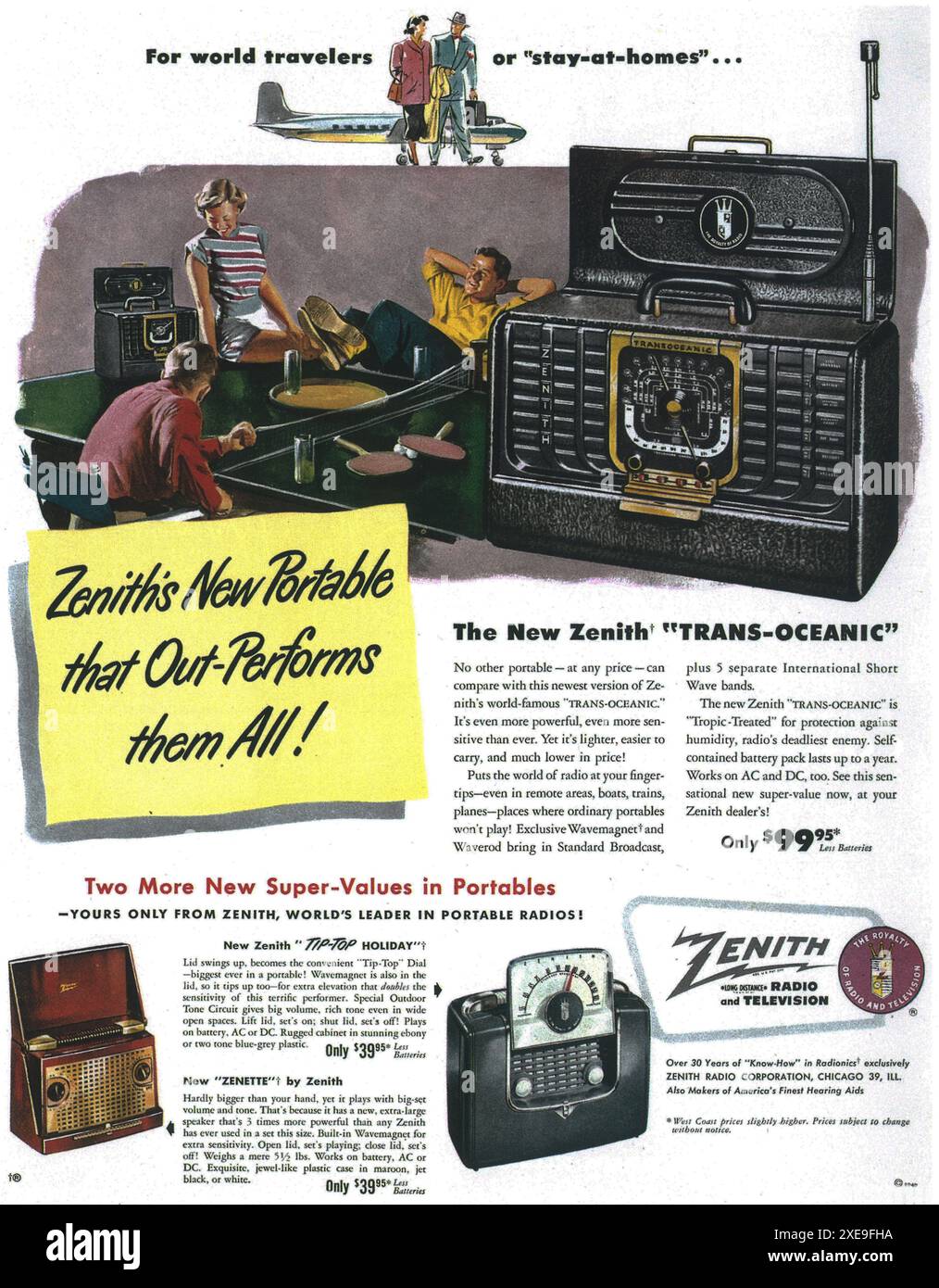 1949 annuncio radio portatile Zenith - "viaggiatori del mondo o soggiorno a casa" Foto Stock