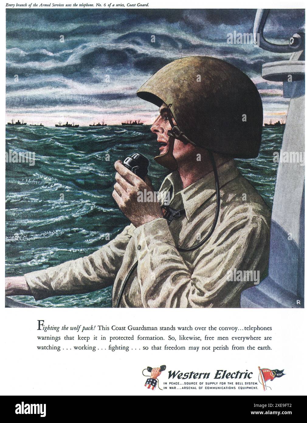1944 WW2 Western Electric ad - Coast Guardsman High Seas - avvisi telefonici Foto Stock