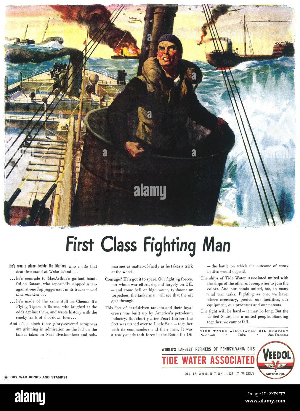 1943 WW2 Tide Water Associated Oil Company ad - Veedol Motor Oil - raffinatori di petrolio di Pennsylvania OIL - Wake Island Ships Burning Foto Stock