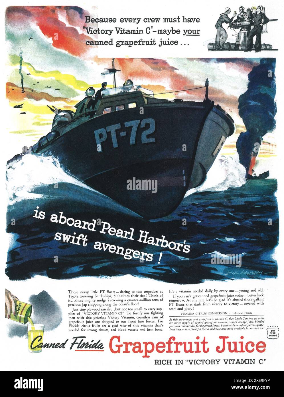 1943 annuncio di succo di pompelmo della Florida WW2 con US Navy PT-72 Motor Torpedo Boat - "Victory Vitamin C" Foto Stock