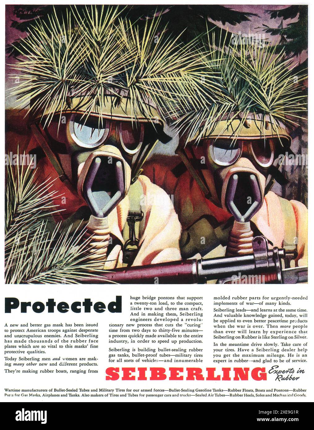 1943 WW2 Seiberling Rubber ad - Maschere a gas per la guerra Foto Stock