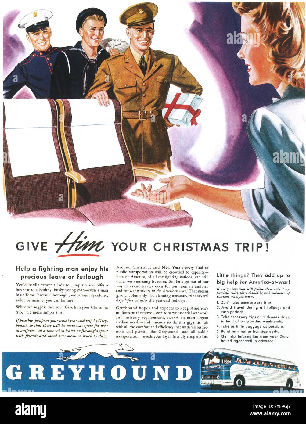 1942 annuncio sugli autobus Greyhound della seconda guerra mondiale - "Give him your Christmas trip" - piccole cose per aiutare l'America in guerra Foto Stock