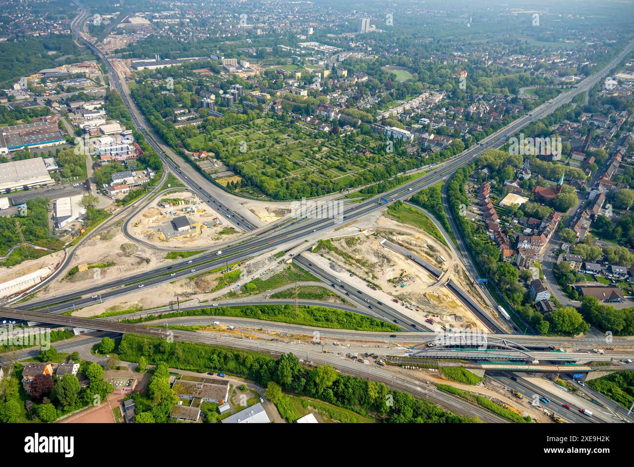 Vista aerea, svincolo autostradale Herne, cantiere edile con nuovo tunnel, autostrada A43 e autostrada A42, Baukau-West, Herne, zona della Ruhr, Renania settentrionale-ovest Foto Stock