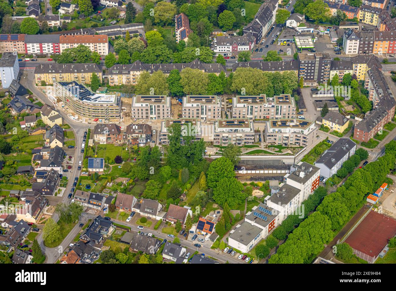 Vista aerea, cantiere con nuova proprietà abitativa Am Westbach, Herne-Süd, Herne, regione della Ruhr, Renania settentrionale-Vestfalia, Germania, foto aerea, Buildi Foto Stock