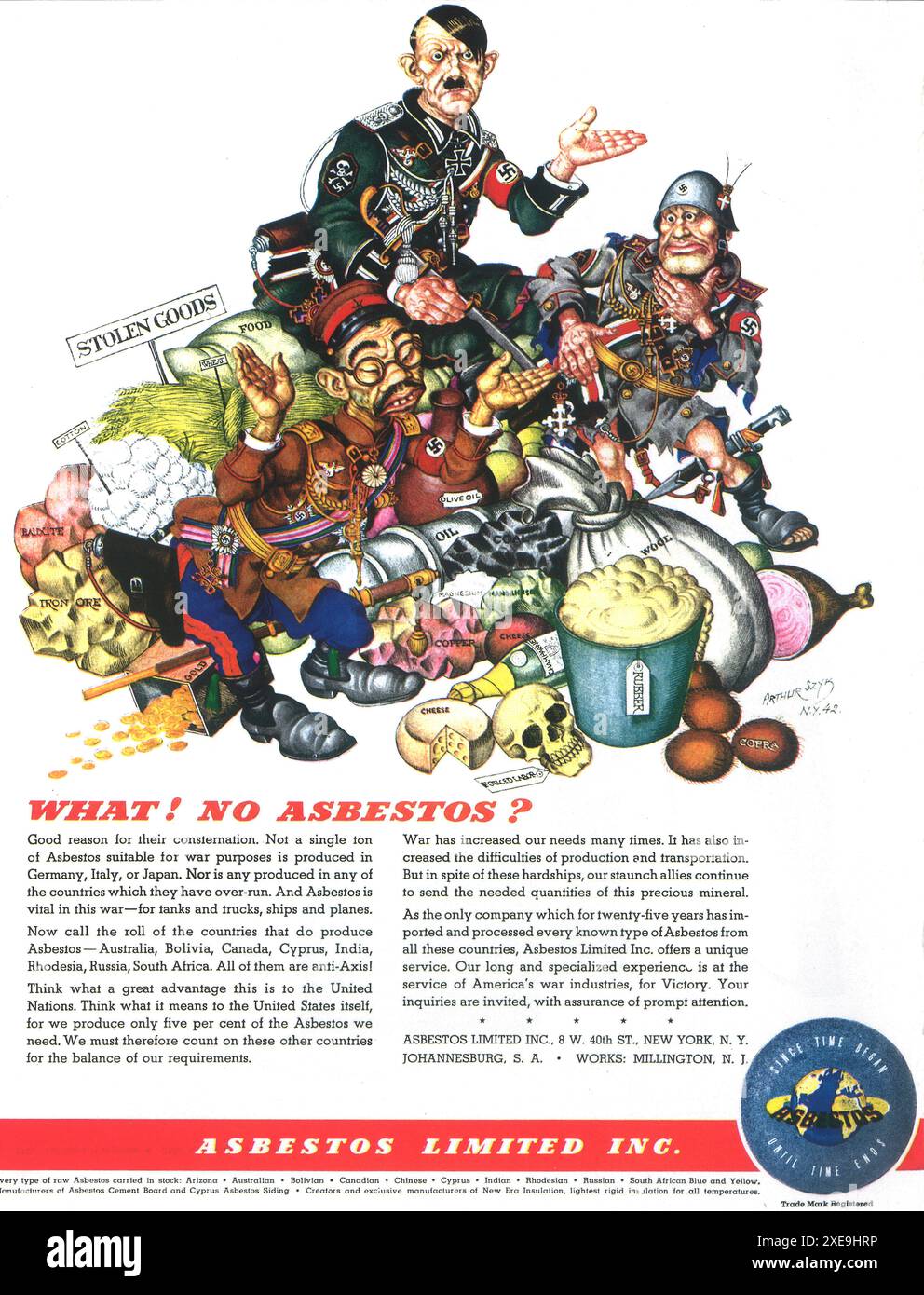1942 asbestos Ltd annuncio - caricatura nazista - beni rubati Foto Stock