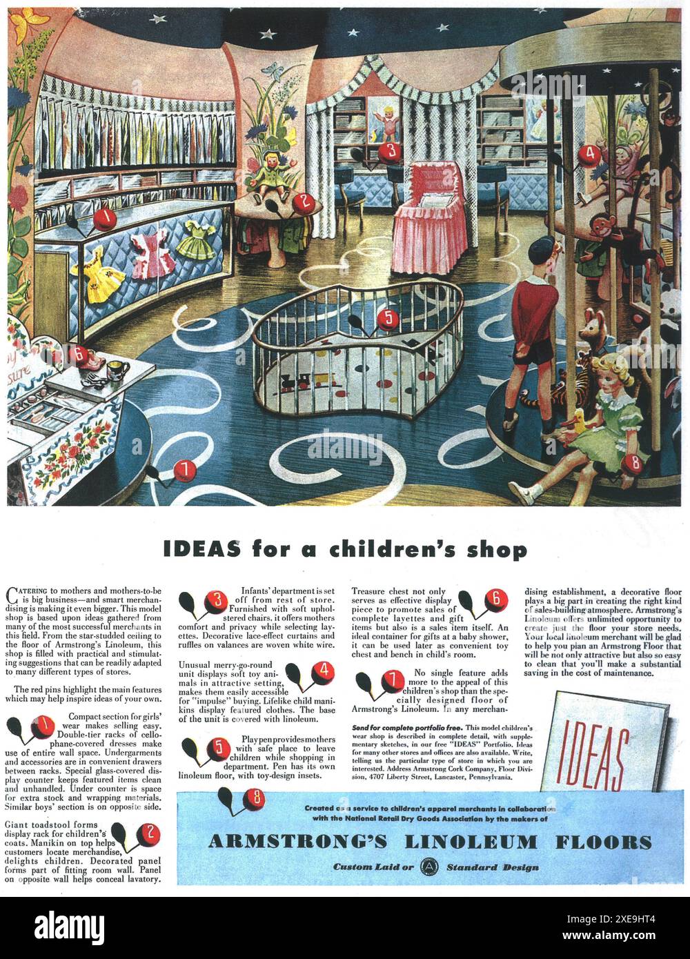 1947 annuncio in piastrelle Armstrong - pavimenti in linoleum - idee per un negozio per bambini Foto Stock