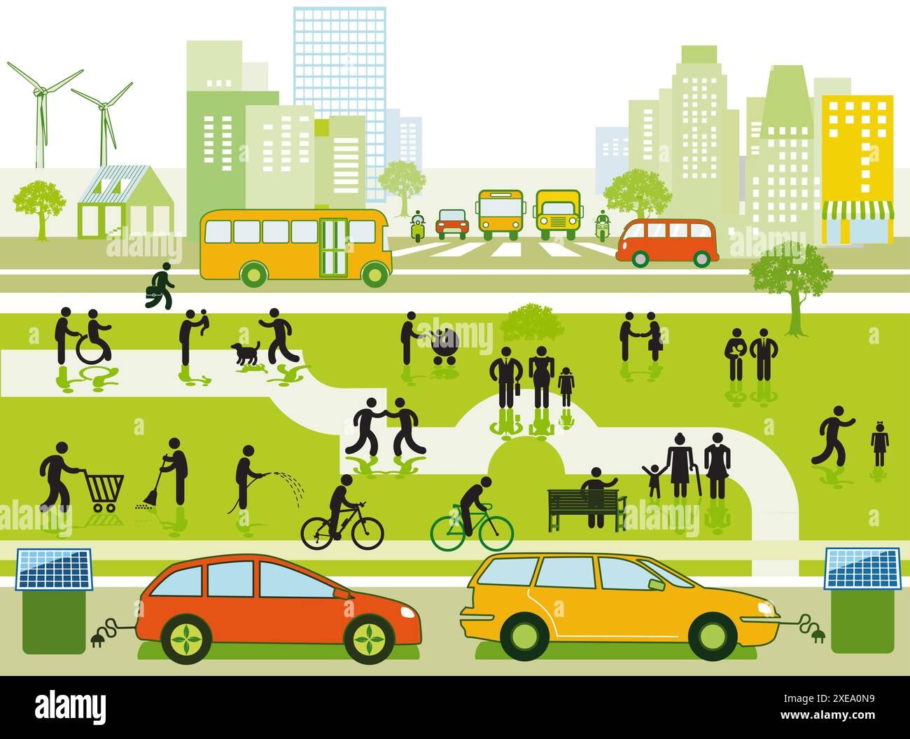Sagoma di una città con traffico e persone, illustrazione Foto Stock
