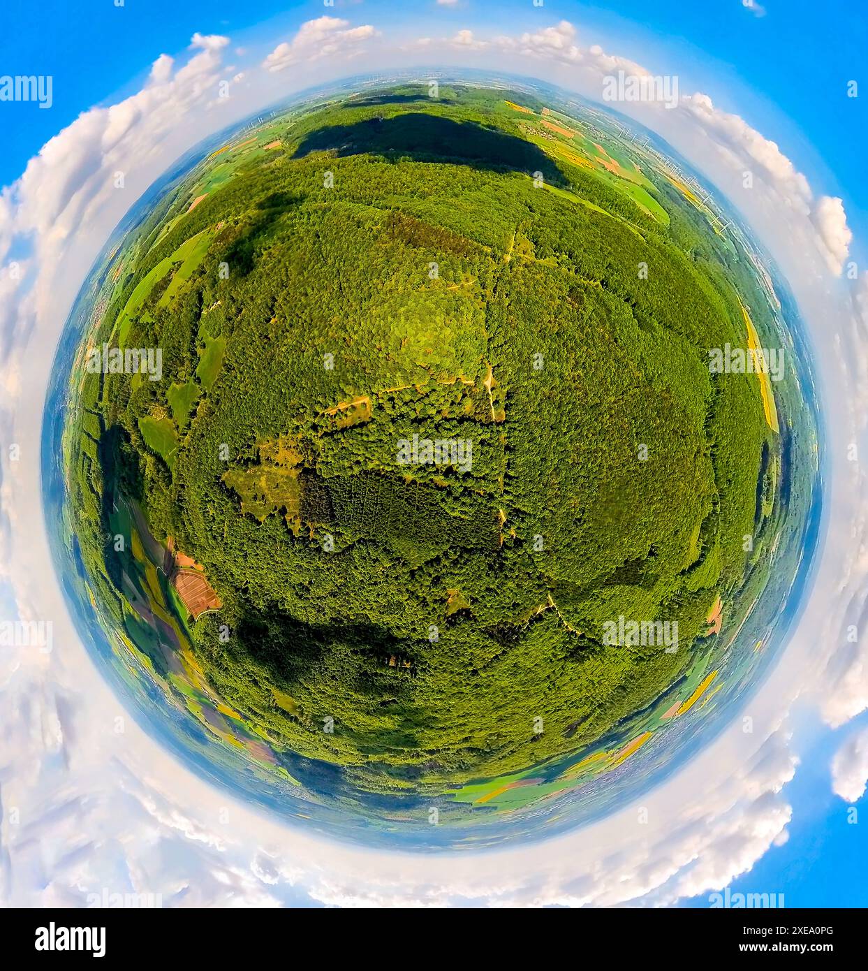 Vista aerea, riserva naturale Hinnenburger Forst con Emder Bachtal, area forestale con prati e campi, globo terrestre, immagine fisheye, immagine a 360 gradi, Foto Stock