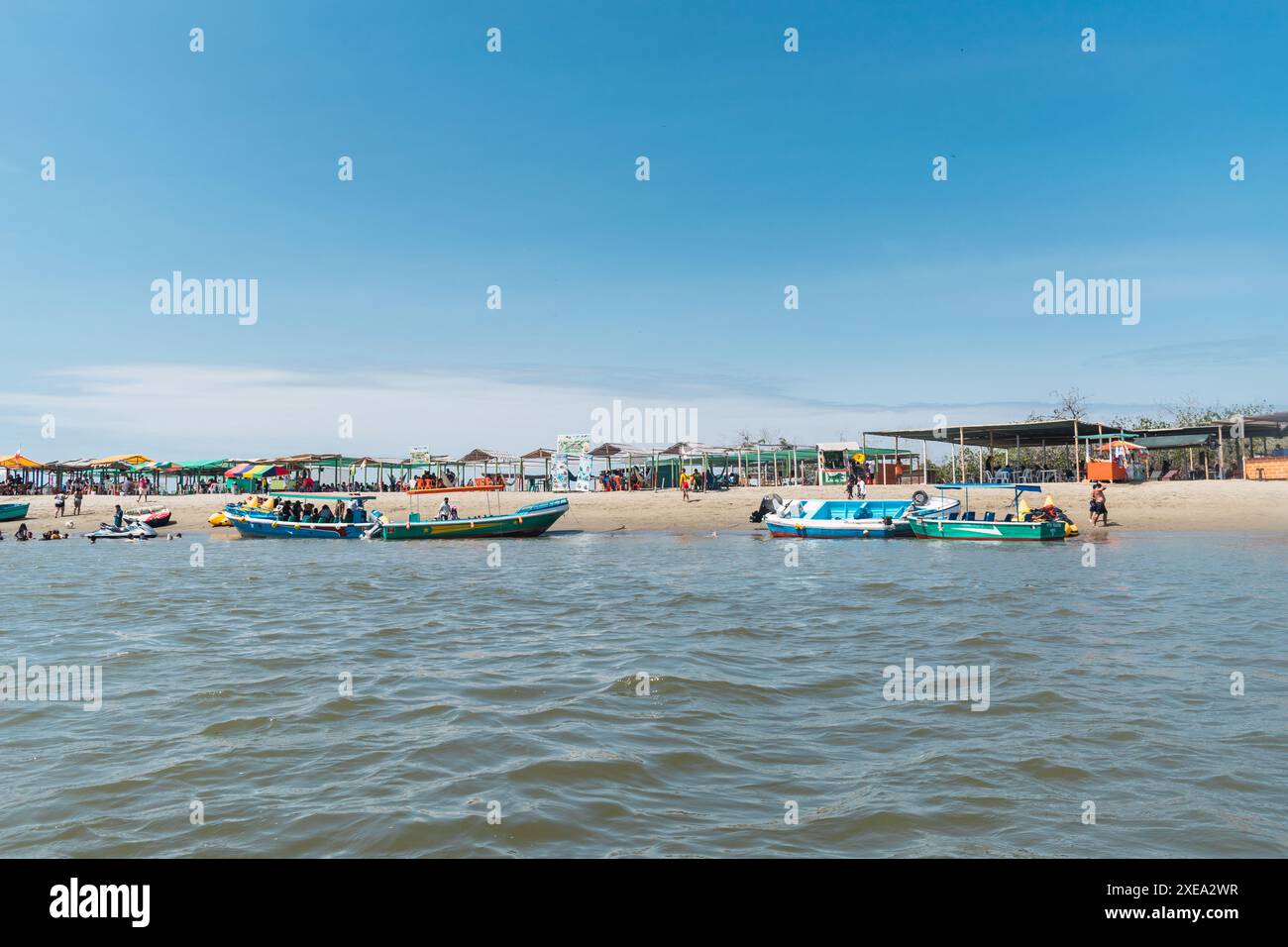 punta blu nelle mangrovie di tumbes con la bassa marea in una giornata di sole e cielo blu circondato da alberi Foto Stock