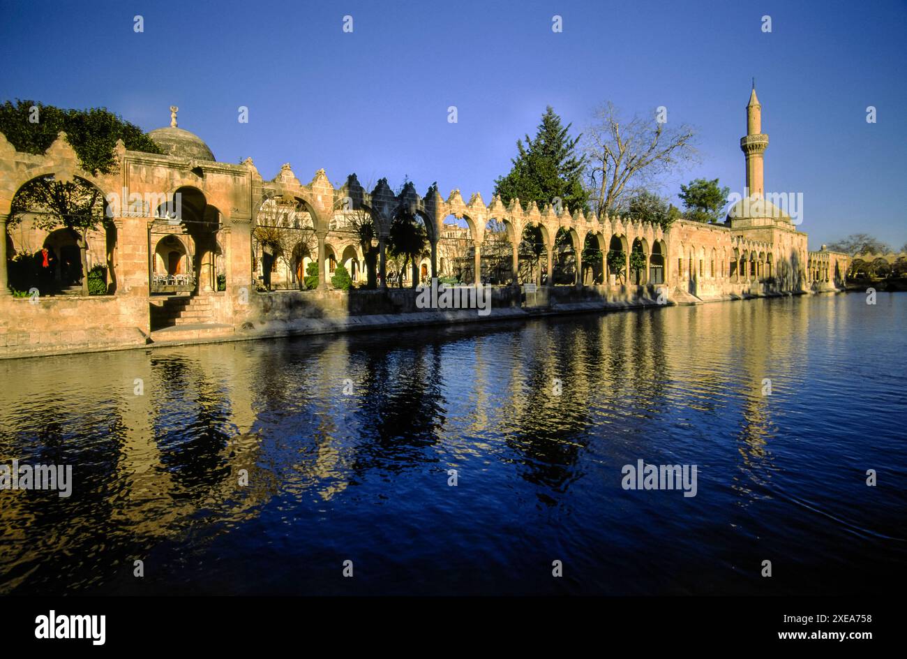 Rizvaniye Vakfi Camii e la moschea Medresesi accanto al laghetto Balikli GÃ¶l Pond (GÃ¶lbasi).Sanliurfa.Anatolia sud-orientale.Turchia. Foto Stock