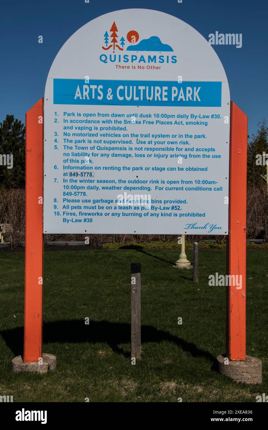 Cartello segnaletico presso l'Arts & Culture Park di Quispamsis, New Brunswick, Canada Foto Stock