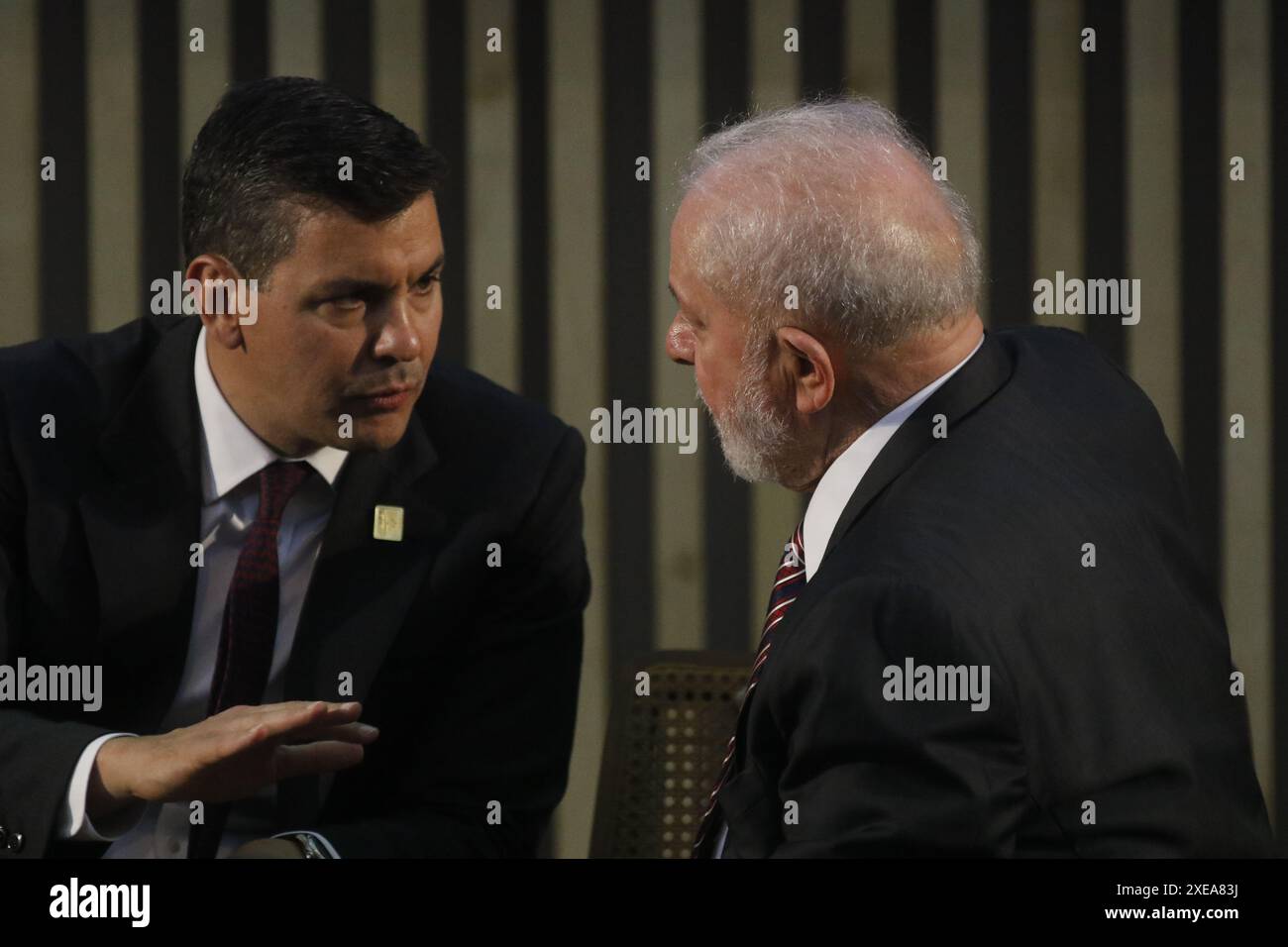 Presidenti Lula da Silva e Santiago Peña, del Brasile e del Paraguay, al Vertice Mercosur di Rio de Janeiro, Brasile 12.07.2023 Foto Stock