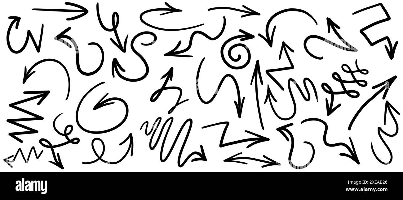 Serie di frecce disegnate diverse isolate su bianco Foto Stock