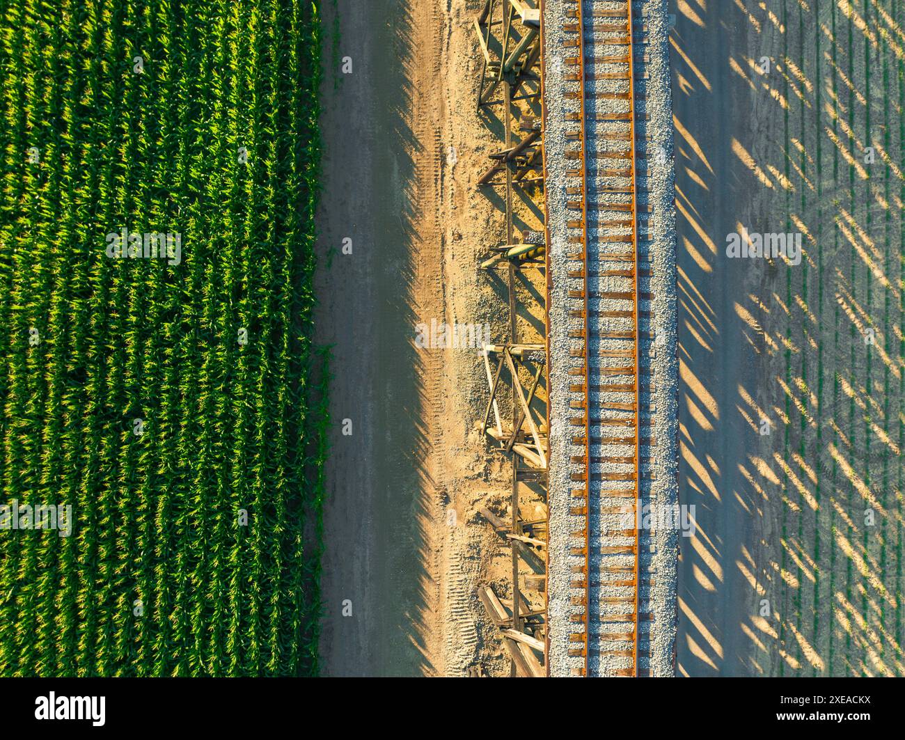 Cavalletto ferroviario che attraversa terreni agricoli visto da una vista a volo d'uccello Foto Stock