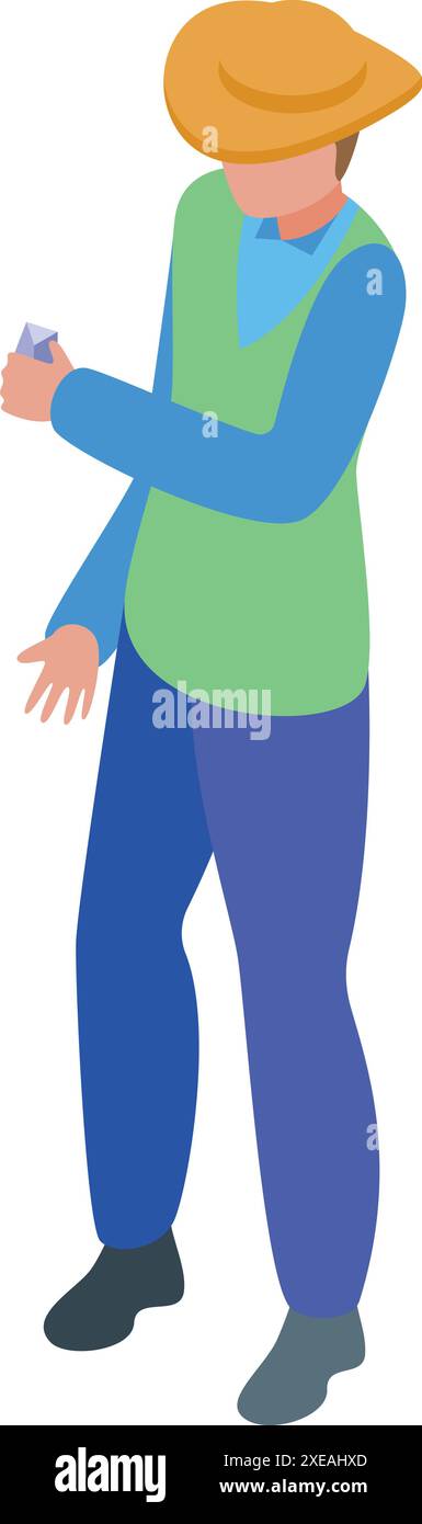 Il geologo in un cappello di paglia sta tenendo una pietra, esaminando il suo contenuto minerale Illustrazione Vettoriale