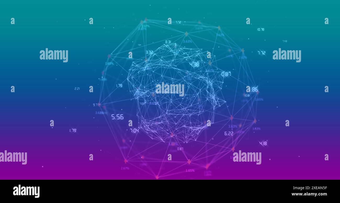 Immagine di numeri intorno ai punti collegati che formano globi sullo sfondo del gradiente Foto Stock