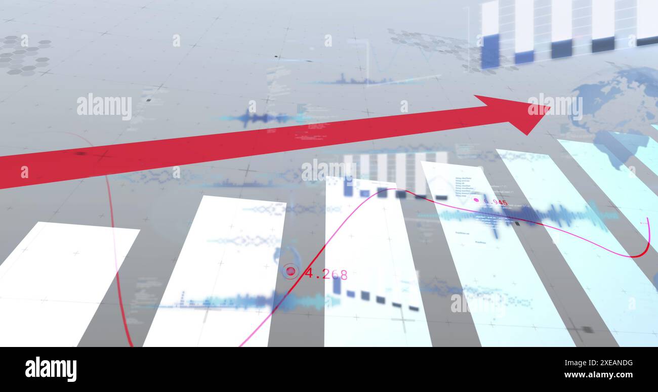 Immagine digitale dell'elaborazione dei dati statistici su sfondo bianco Foto Stock