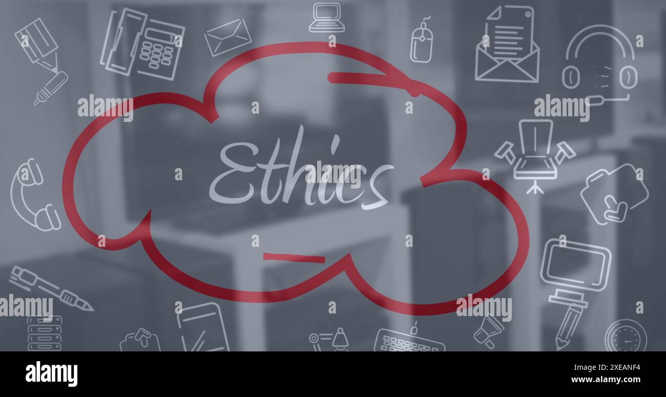 Immagine della mano di un uomo d'affari con testo etico su lavagna di vetro con icone di concetto aziendale Foto Stock