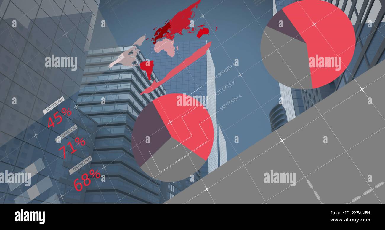 Immagine dell'interfaccia infografica su una vista ad angolo basso degli edifici moderni contro il cielo Foto Stock