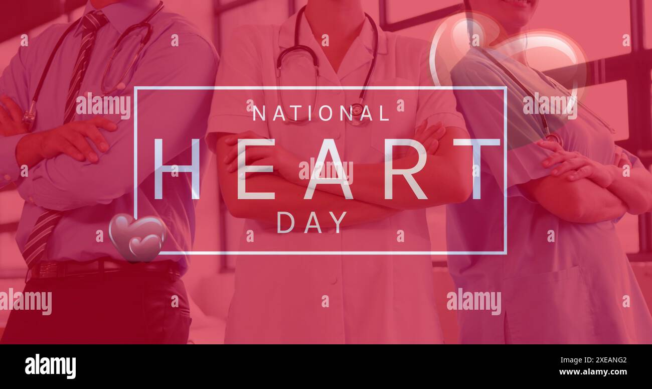 Immagine del testo nazionale del giorno del cuore su medici caucasici felici Foto Stock