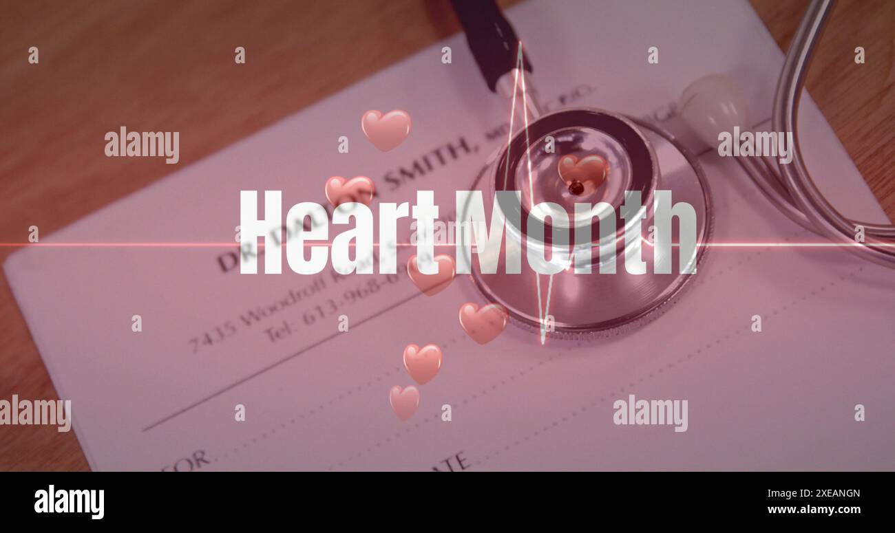 Immagine del testo del mese del cuore e dei cuori su stetoscopio e documento Foto Stock