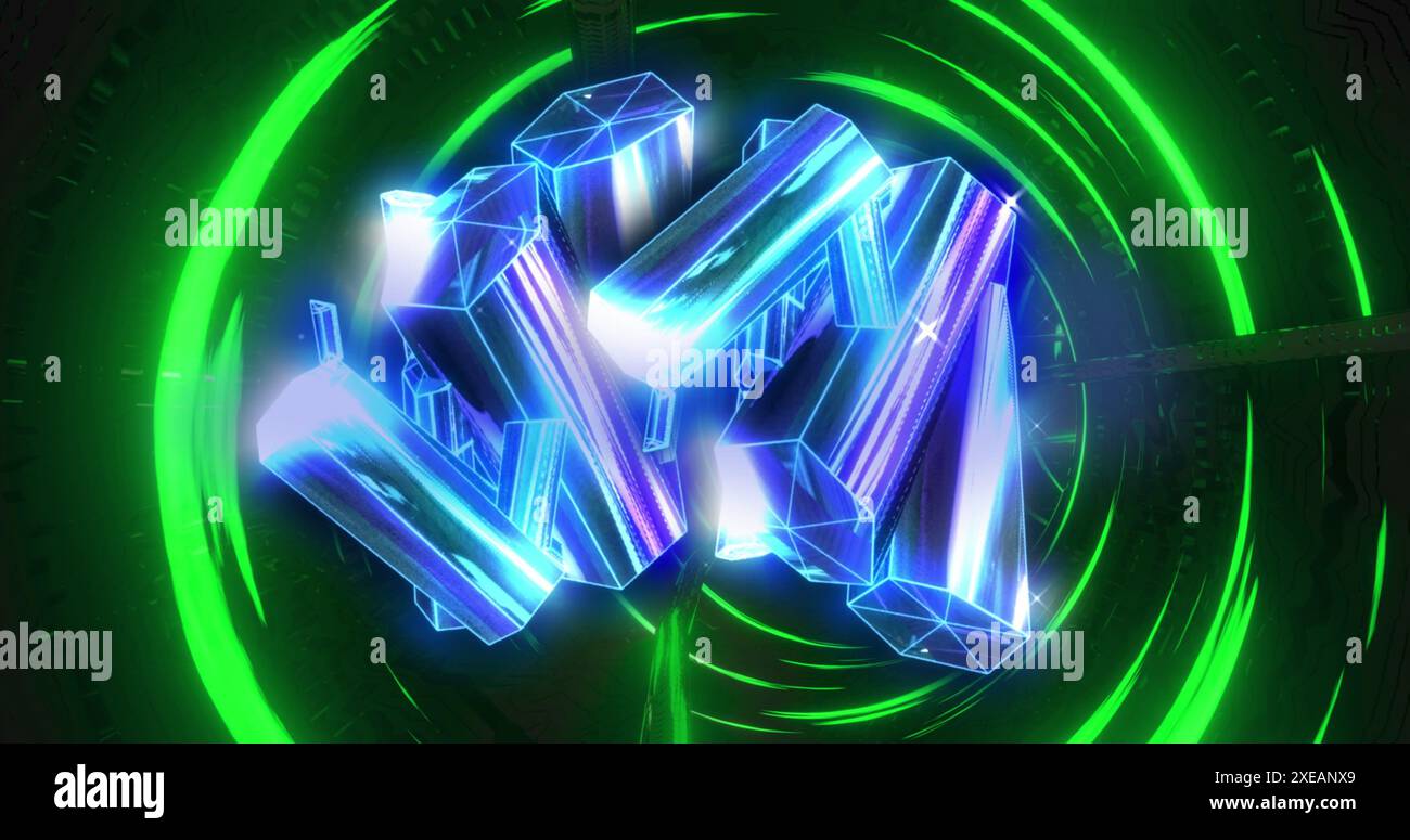 Immagine di diamanti blu nello spazio nero e tunnel fatto di cerchi Foto Stock