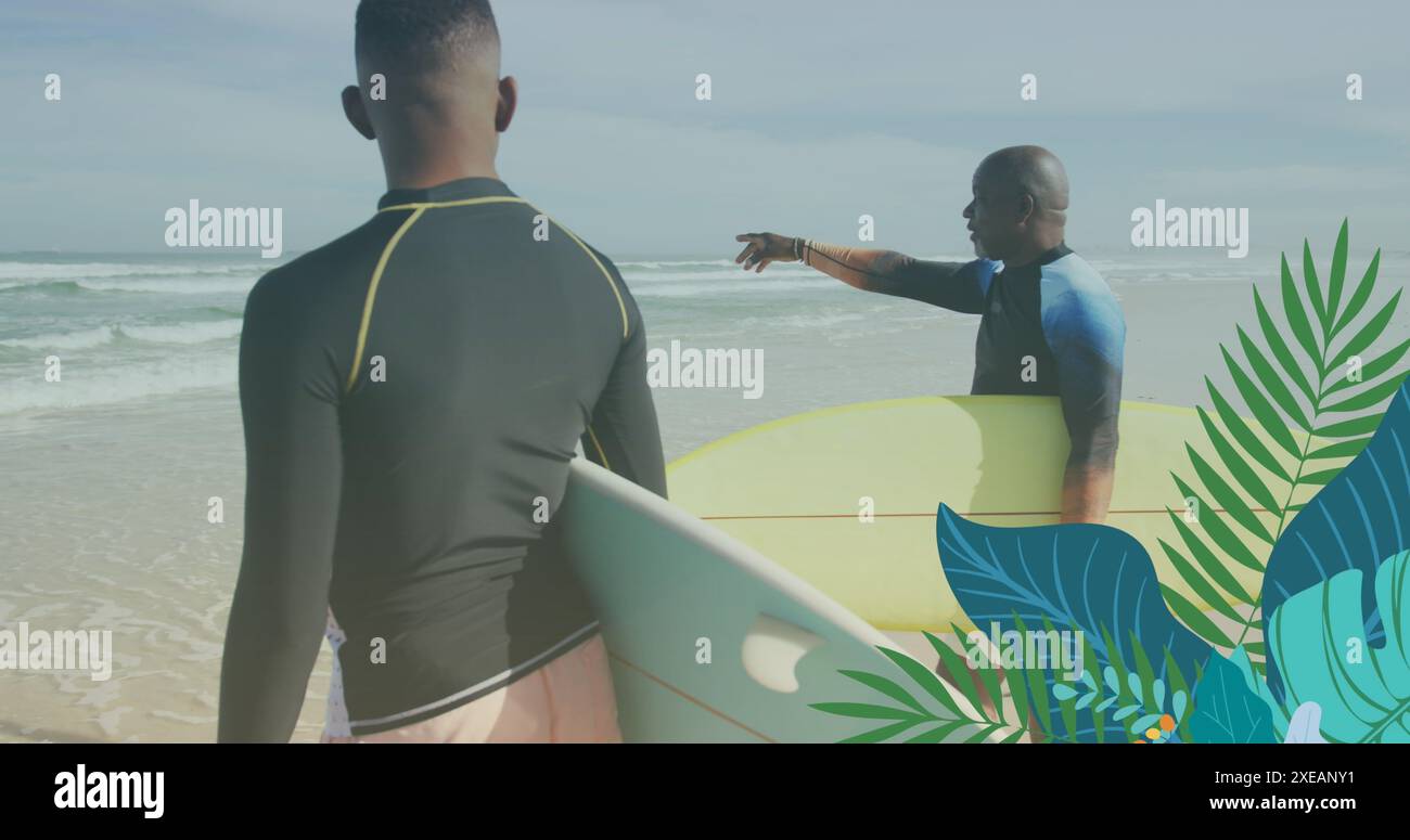 Immagine di foglie su surfisti afroamericani che parlano sulla spiaggia Foto Stock