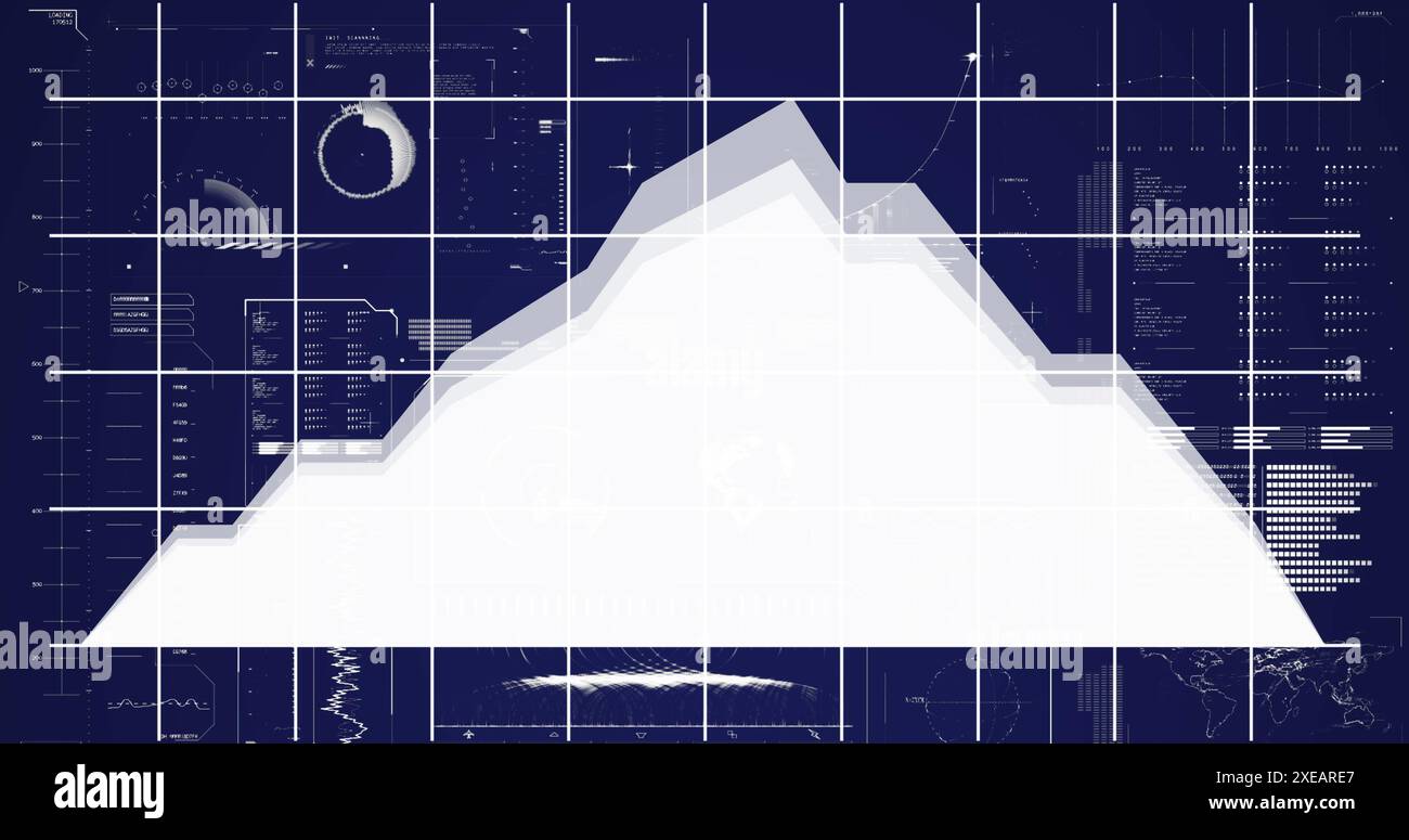 Immagine dell'interfaccia infografica e del modello a griglia sopra la montagna che si allontana Foto Stock
