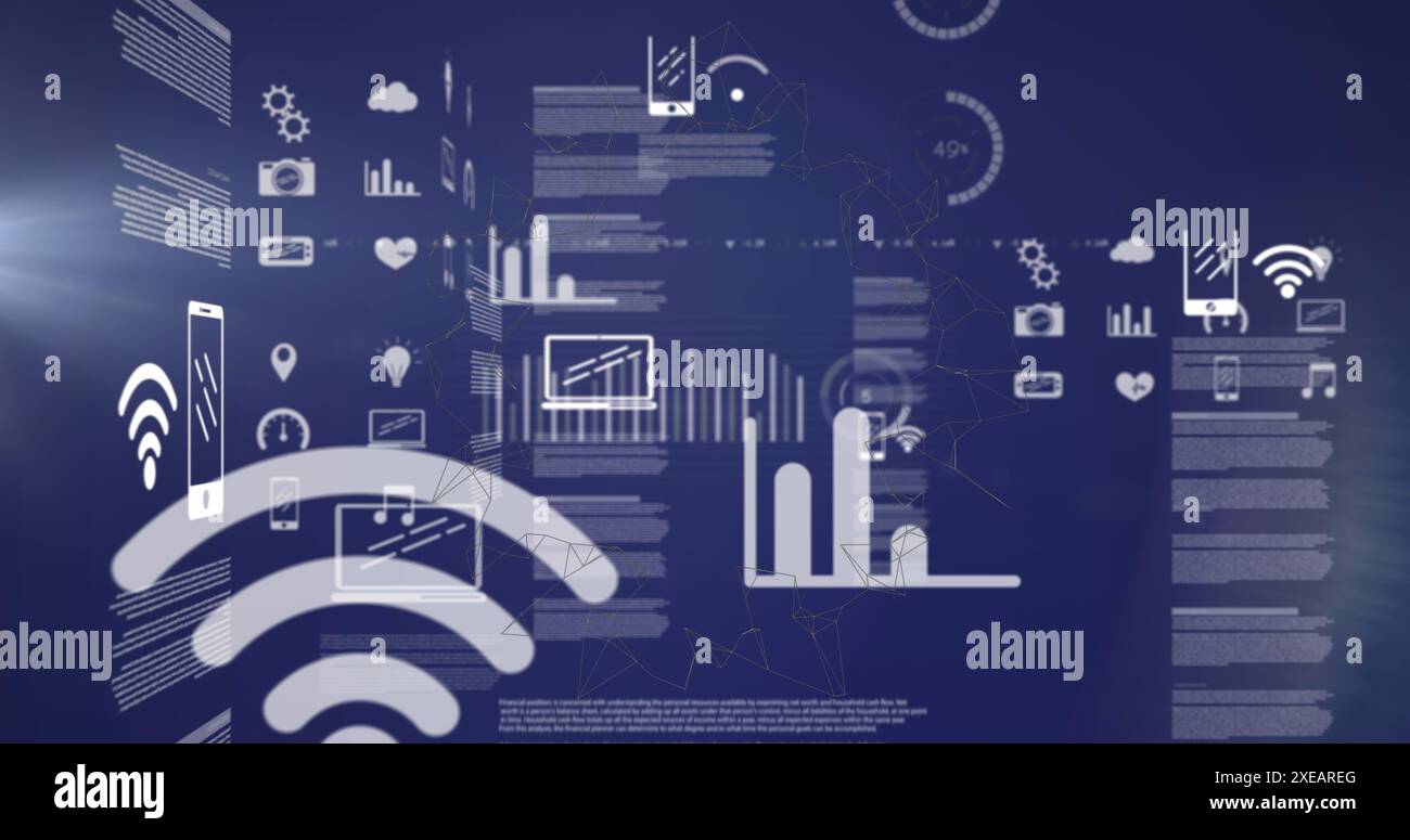 Immagine di icone wi-fi, grafici a barre, linguaggio di programmazione e icone del telefono cellulare Foto Stock